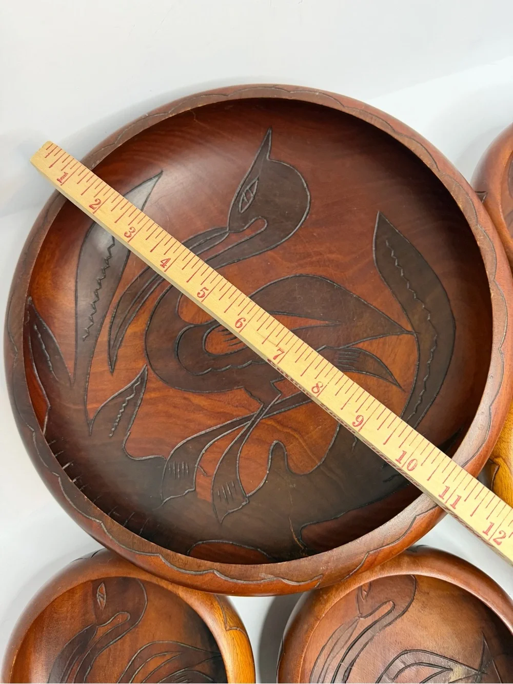 Mid-Century Modern 5-Piece Hand-Carved Mahogany Serving Set Salad Stunning Vtg